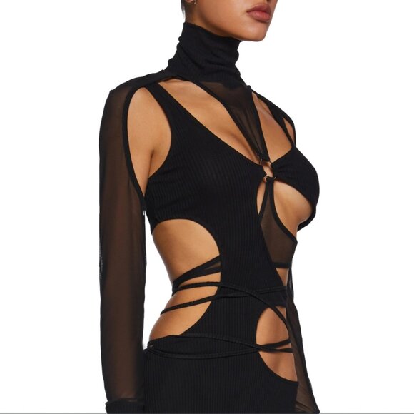 NWT Dolls Kill Mesh and Knit Side Slit Cut Out Turtleneck Black Bodycon Dress - Picture 2 of 10